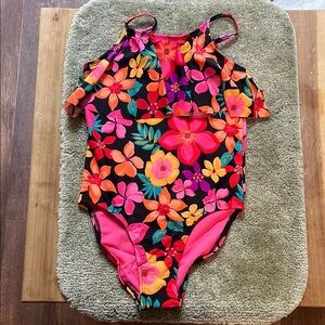 Girl sz 10 med the children’s Place brand black orange flowered 1 piece swimsuit